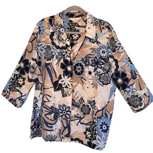 Allison Daley Muted Neutral Floral Button-Down Blouse Plus Size 16